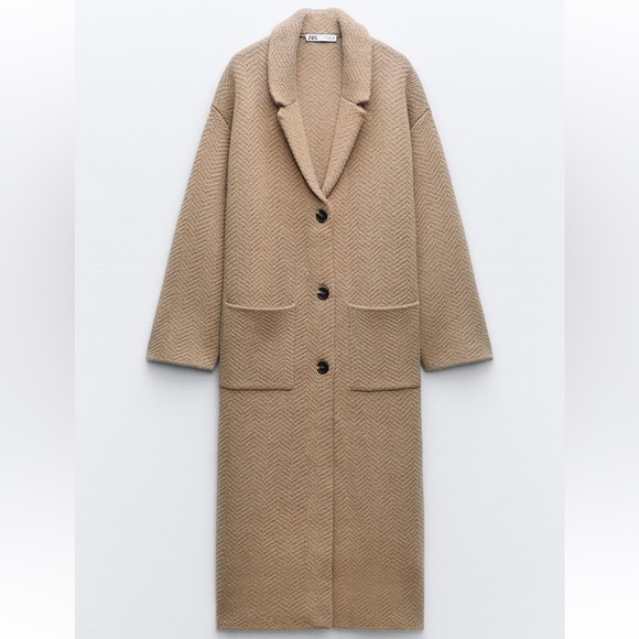 Zara textured long knit coat Taupe/ brown NWT - Picture 1 of 8